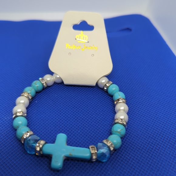 Natural Turquoise Beads 8mm Beaded Stretch Bracelet With Cross Approx 6.5-7" - Picture 4 of 5